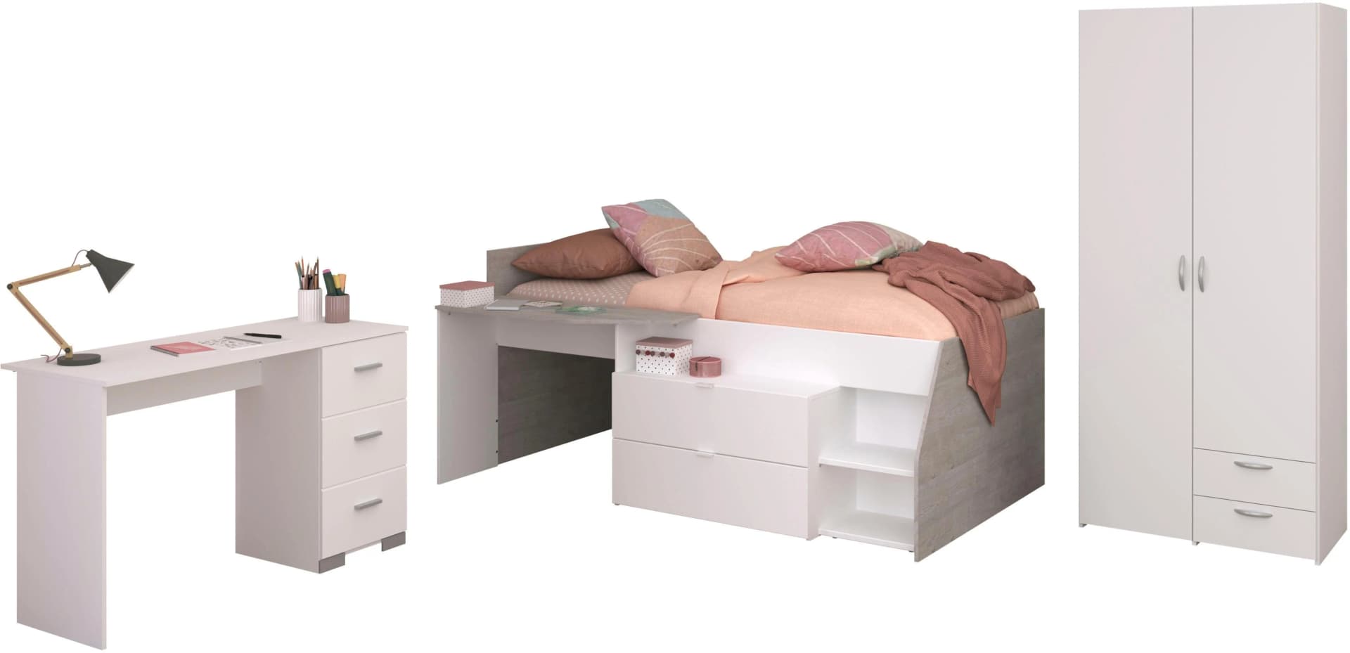 Parisot Milky 13 Jugendzimmer-Set Weiß Hochbett Schrank Schreibtisch - Bild 2