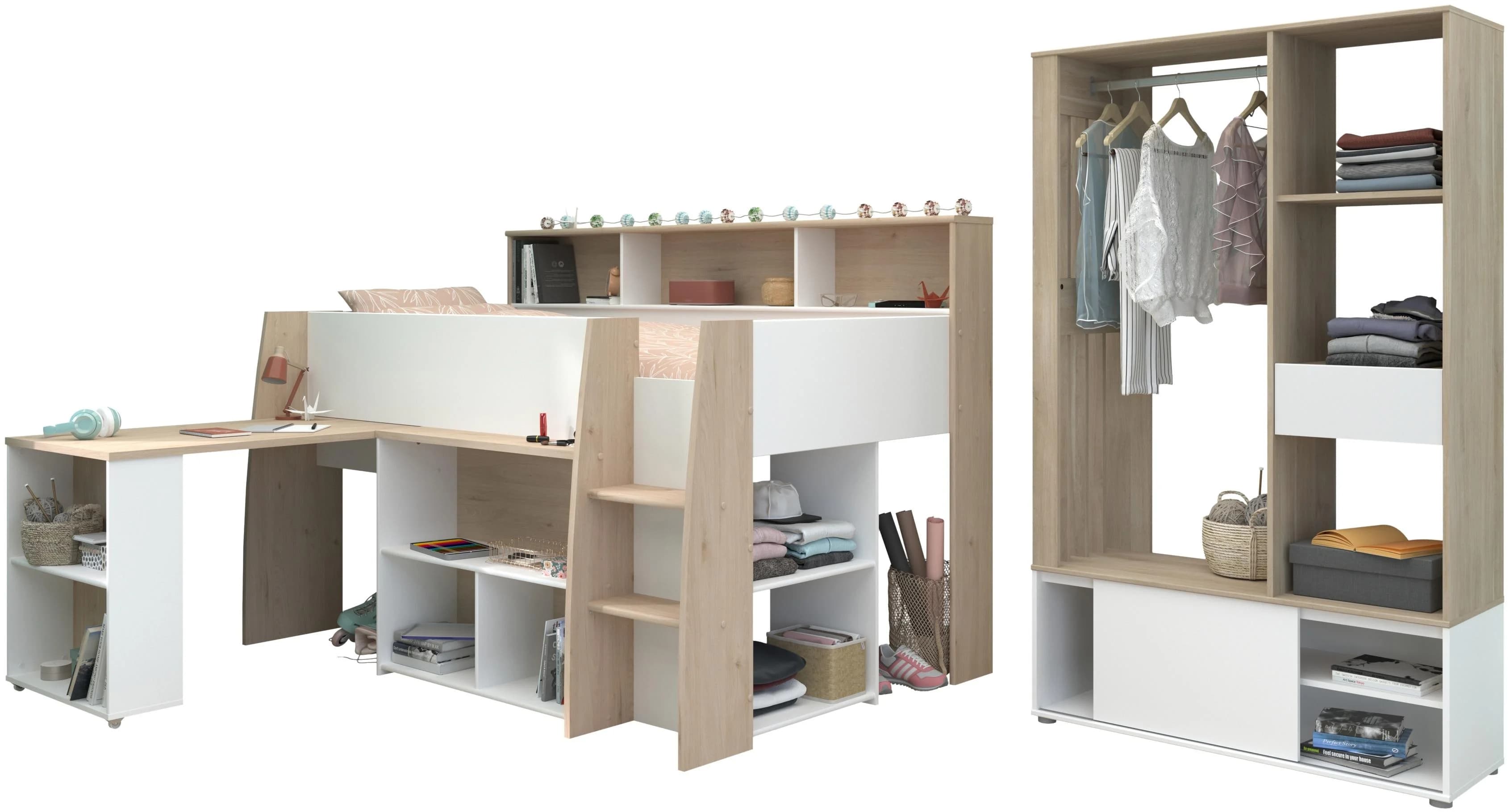 Parisot Lucas 11 Jugendzimmer-Set Weiß Eiche Hochbett mit Schreibtisch - Bild 2