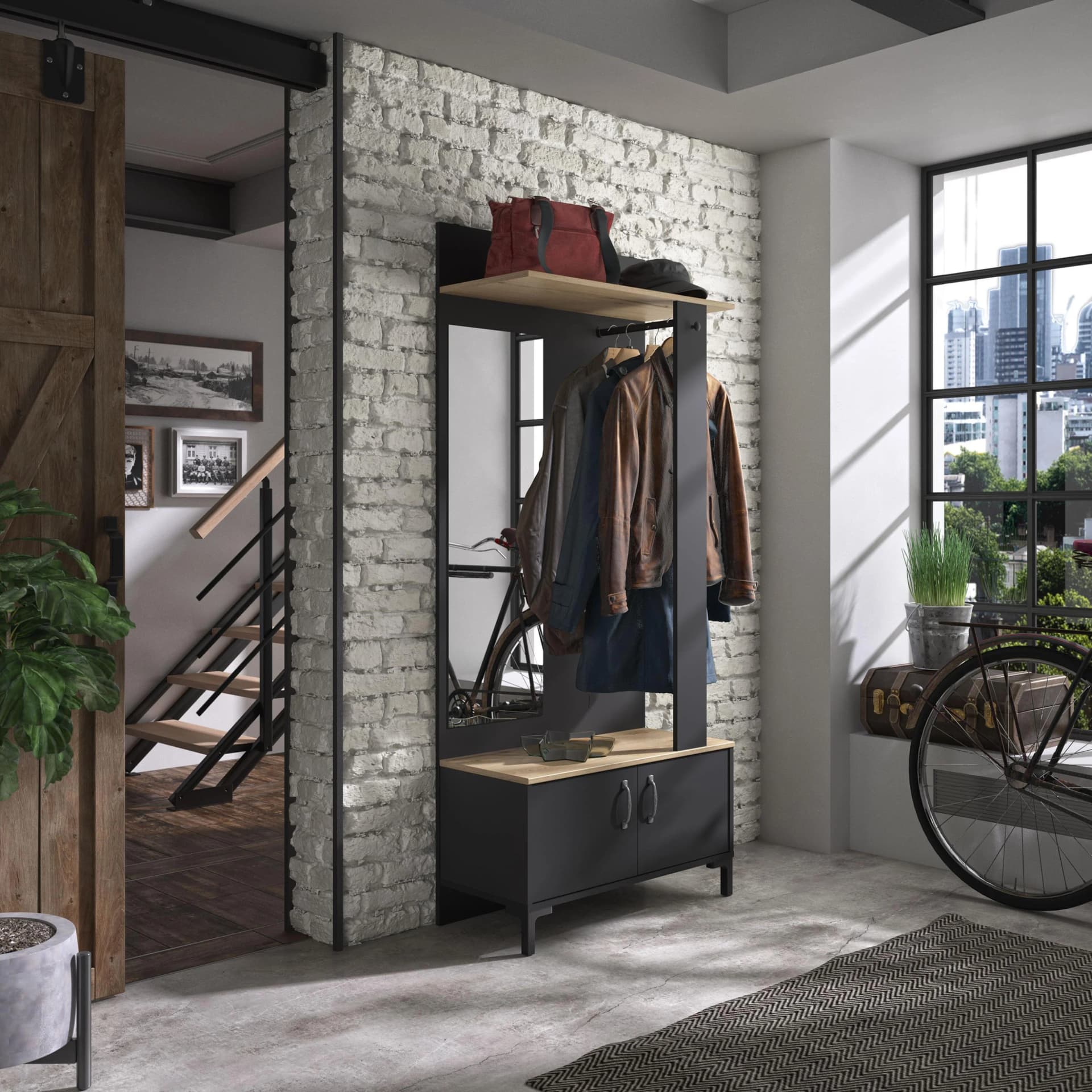 Garderobenständer GAMI Store Schwarz Eiche Sonoma Mit Spiegel