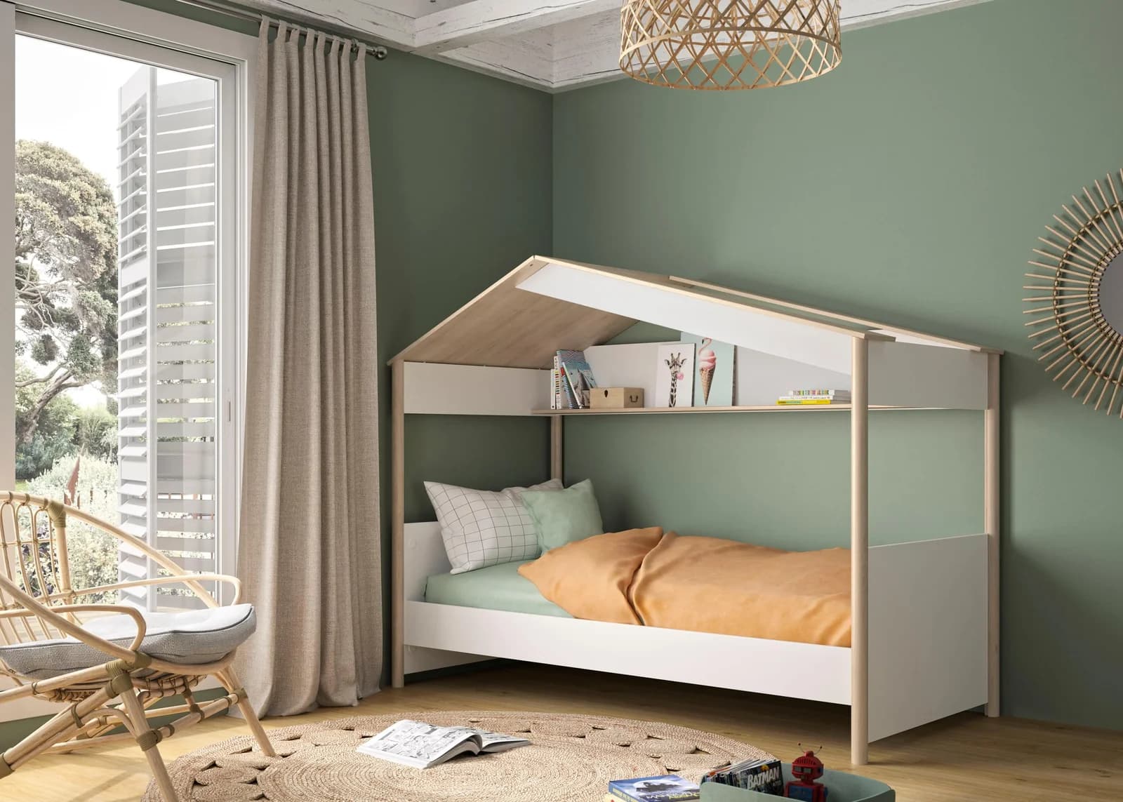 GAMI Kinderbett HAUSBETT Kastanie Natur Nachbildung Weiß