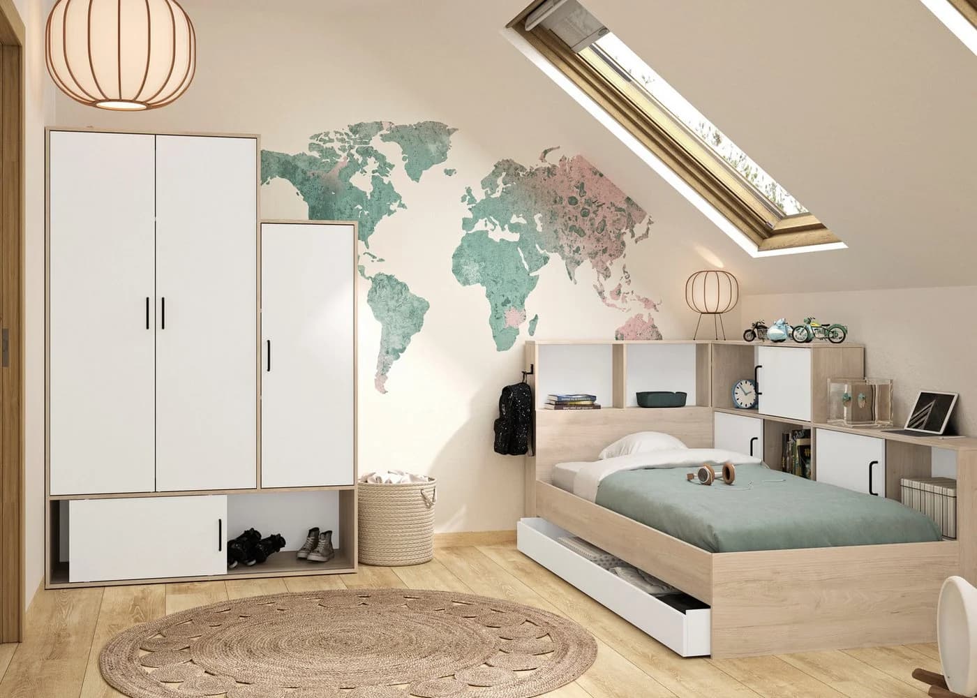 GAMI Schlafzimmer-Set mit Stauraumbett und Kleiderschrank Weiß Kastanie - Bild 2
