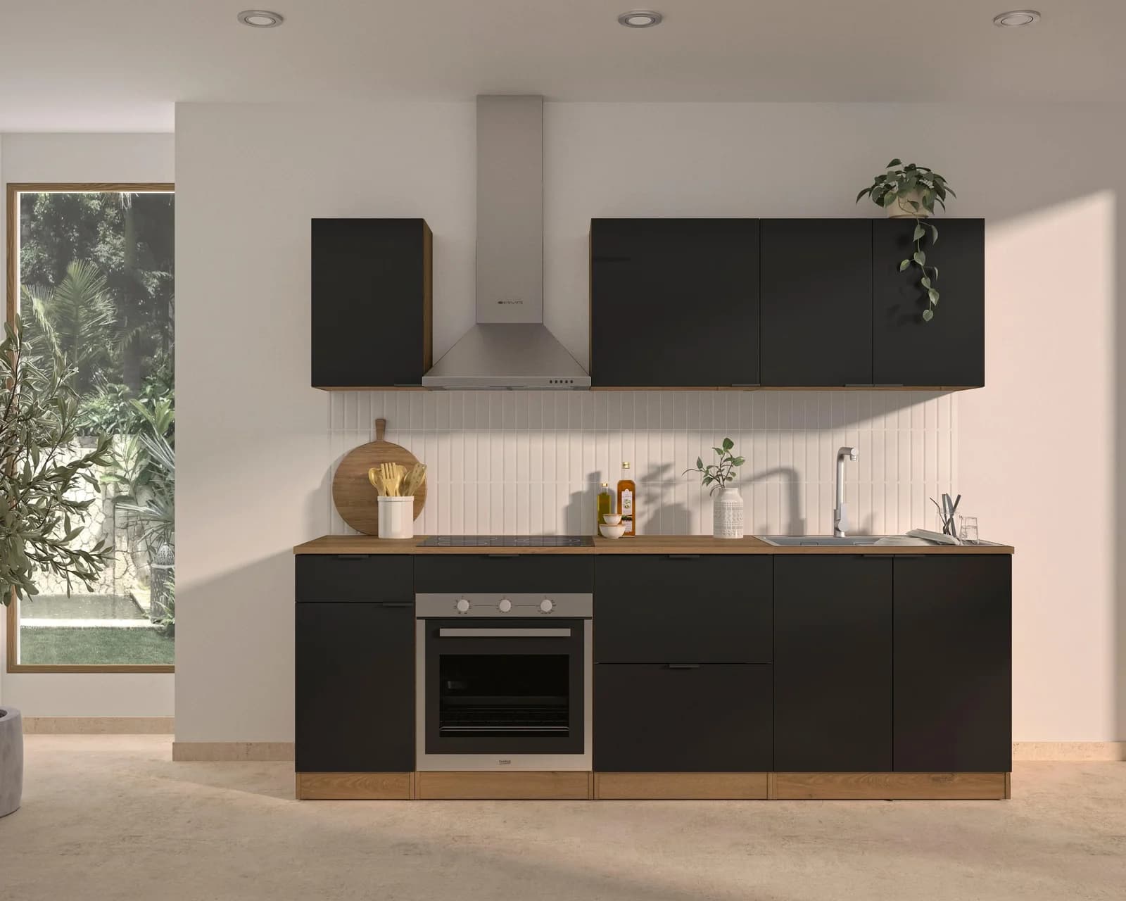 Küchenzeile GAMI EDEN 240 cm Schwarz Eiche Helvezia Nachbildung