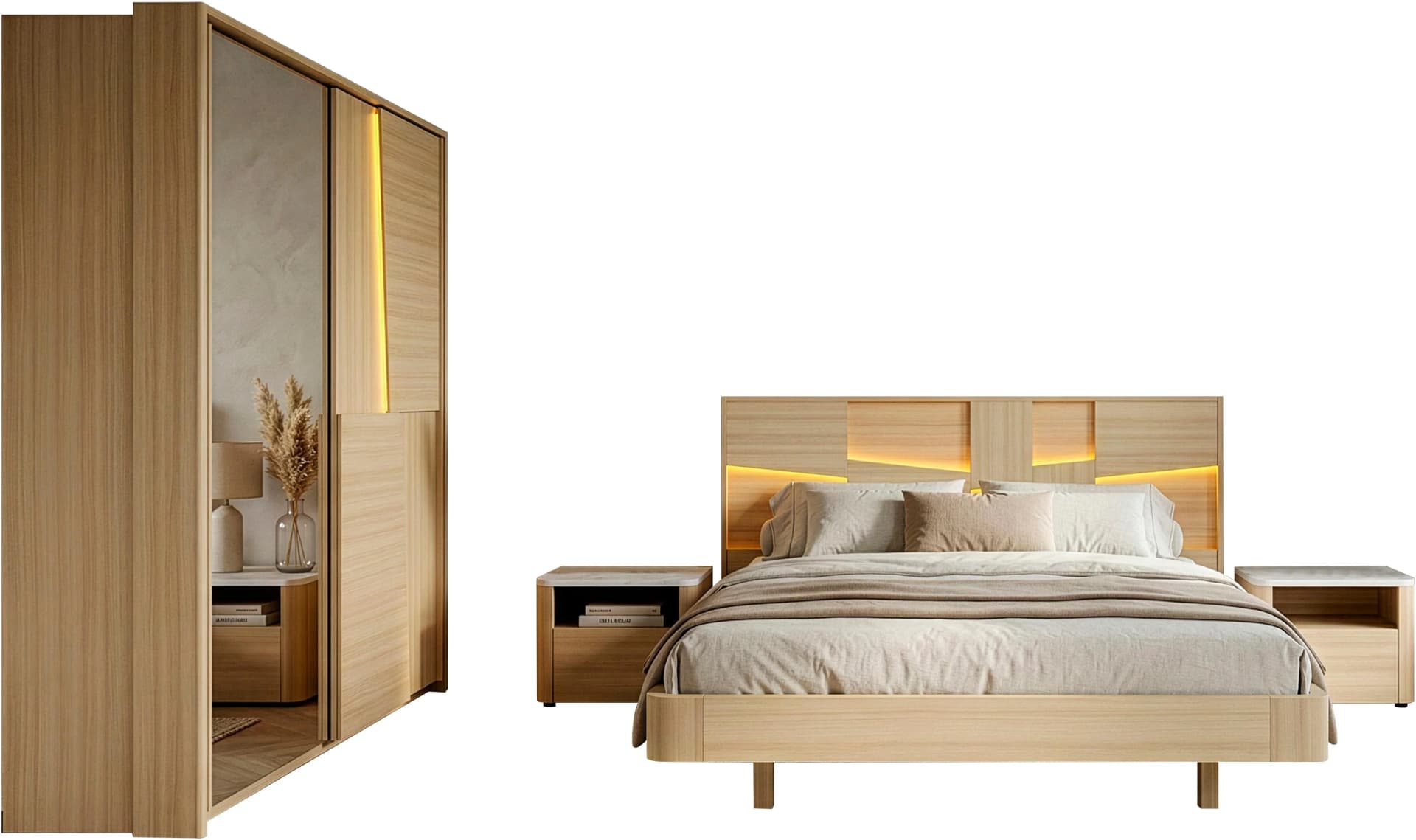 Schlafzimmer-Set SILVA Eiche-Nachbildung mit LED-Beleuchtung