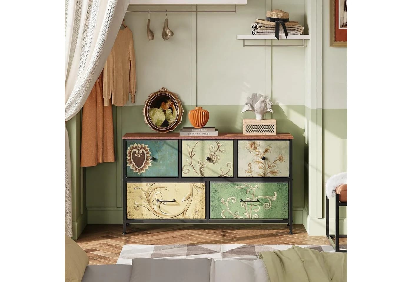 FUROKOY Kommode 5 Schubladen Vintage-Blumenmuster