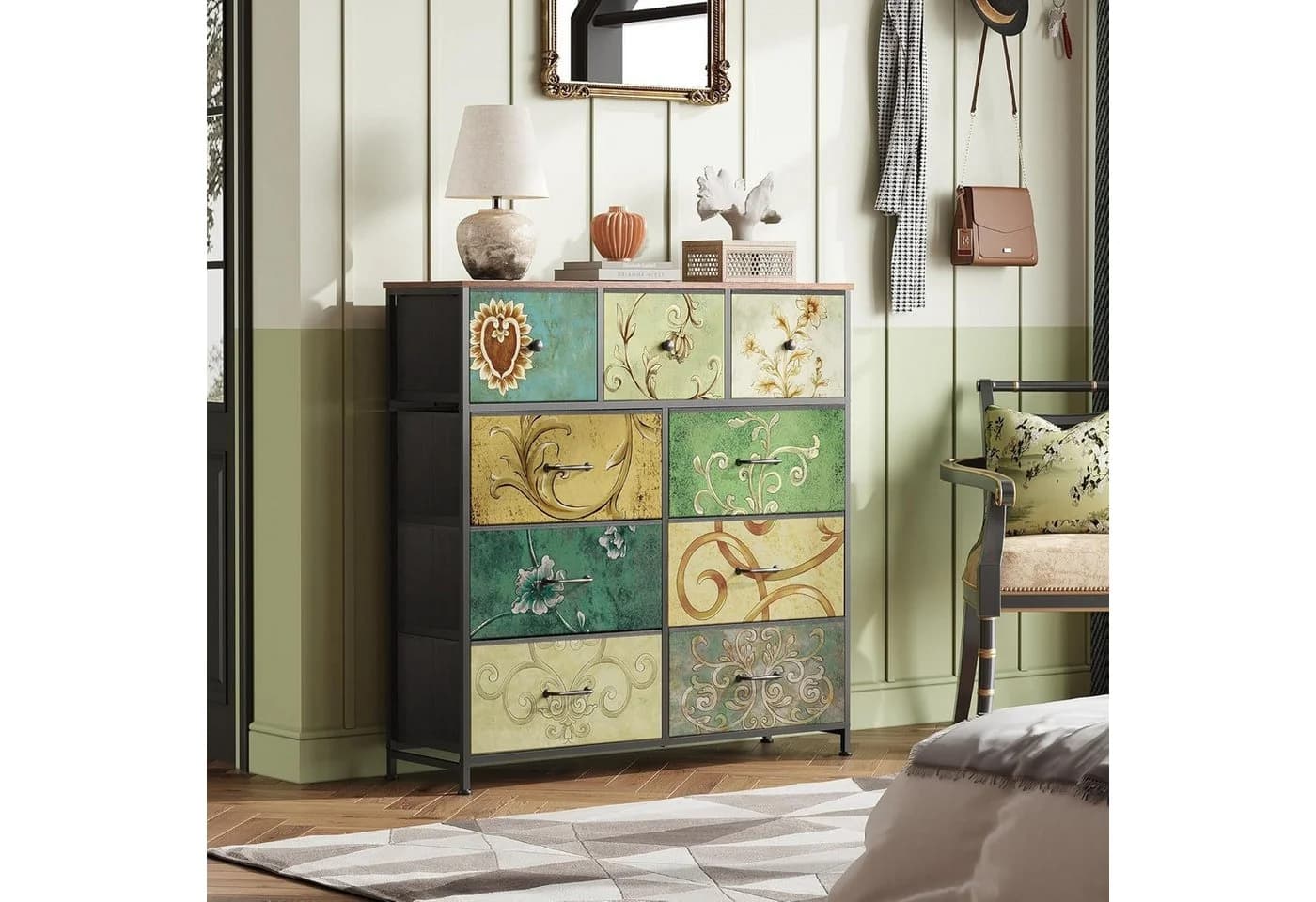 FUROKOY Kommode 9 Schubladen Vintage-Blumenmuster