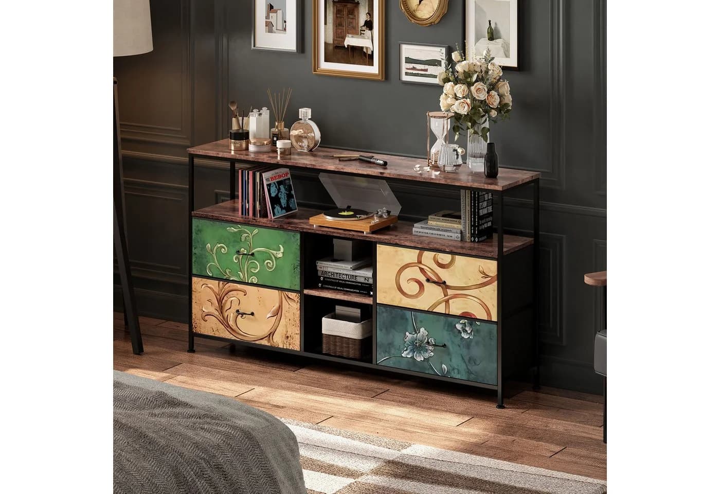 FUROKOY TV-Schrank Lowboard Vintage-Blumenmuster mit LED und Stoffschubladen