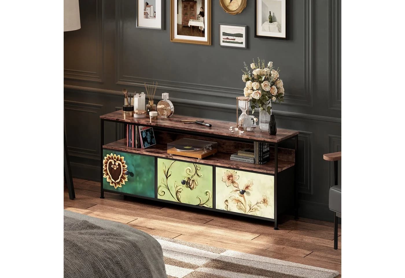 FUROKOY TV-Schrank Schwarz Vintage Blumenmuster mit 3 Schubladen