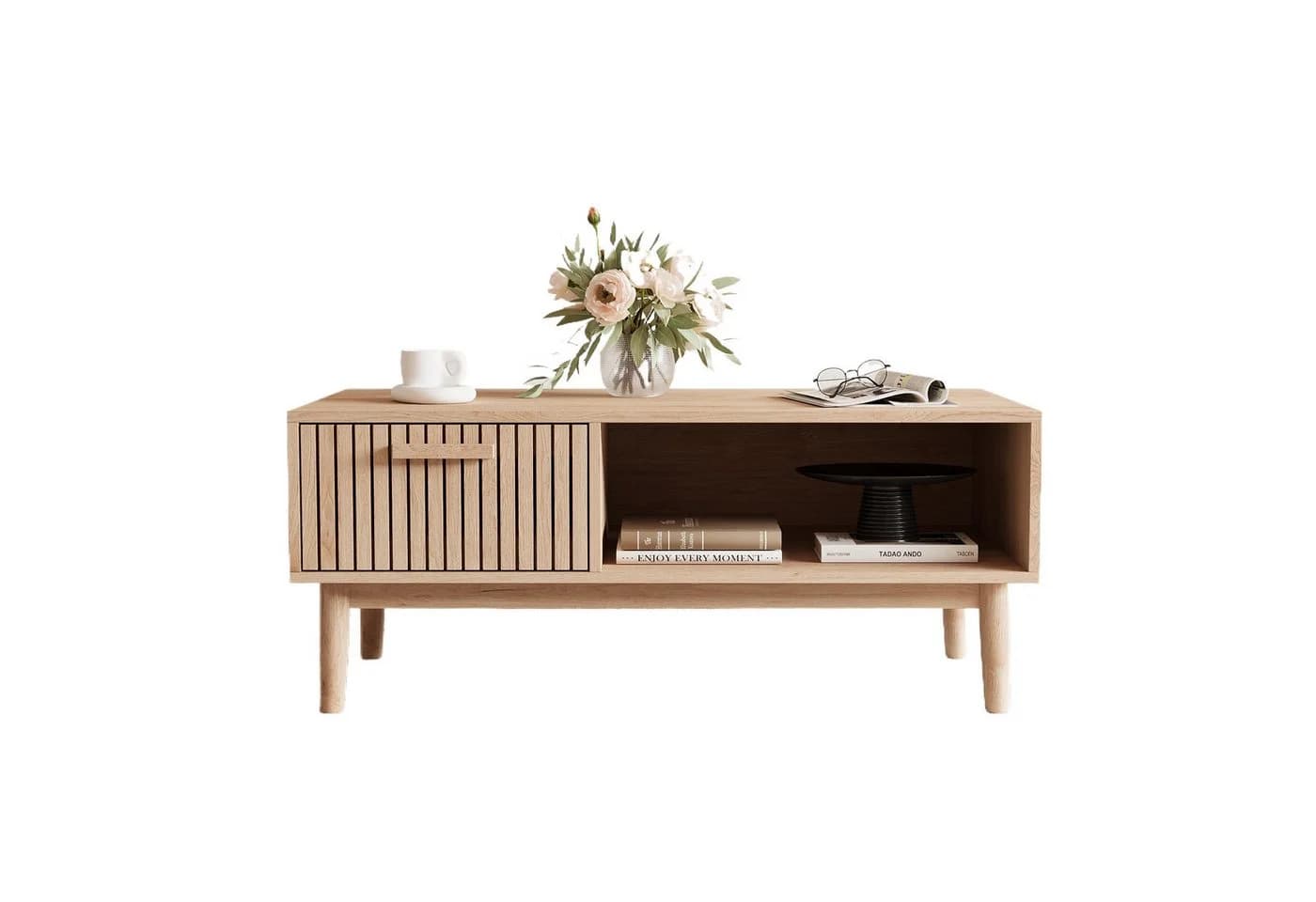 FUROKOY Couchtisch 100 cm Holzfarbenes Rattan mit 1 Schublade und 1 Fach - Bild 2