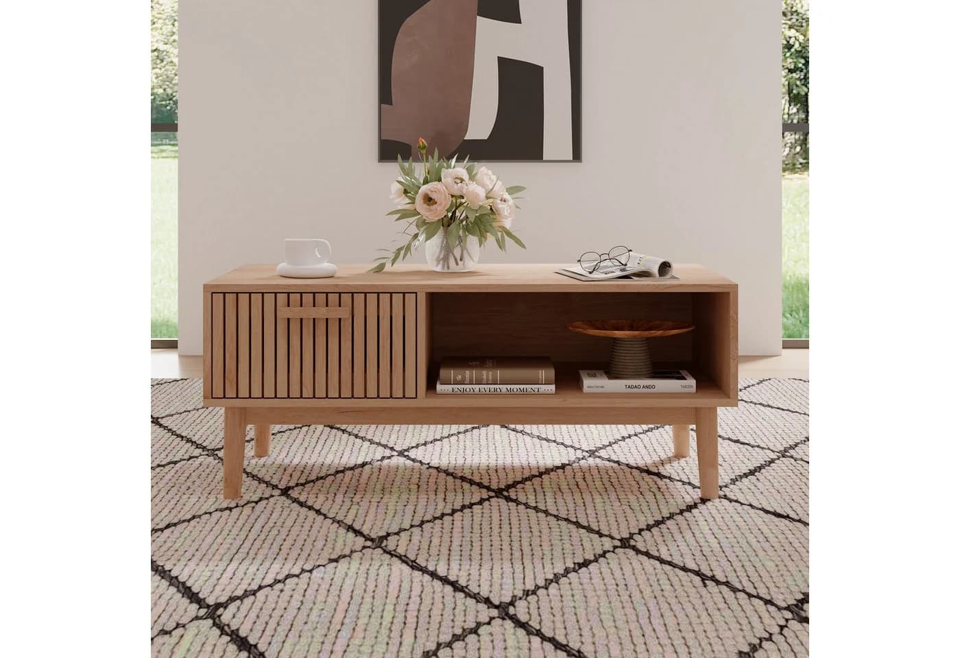 FUROKOY Couchtisch 100 cm Holzfarbenes Rattan mit 1 Schublade und 1 Fach - Bild 3
