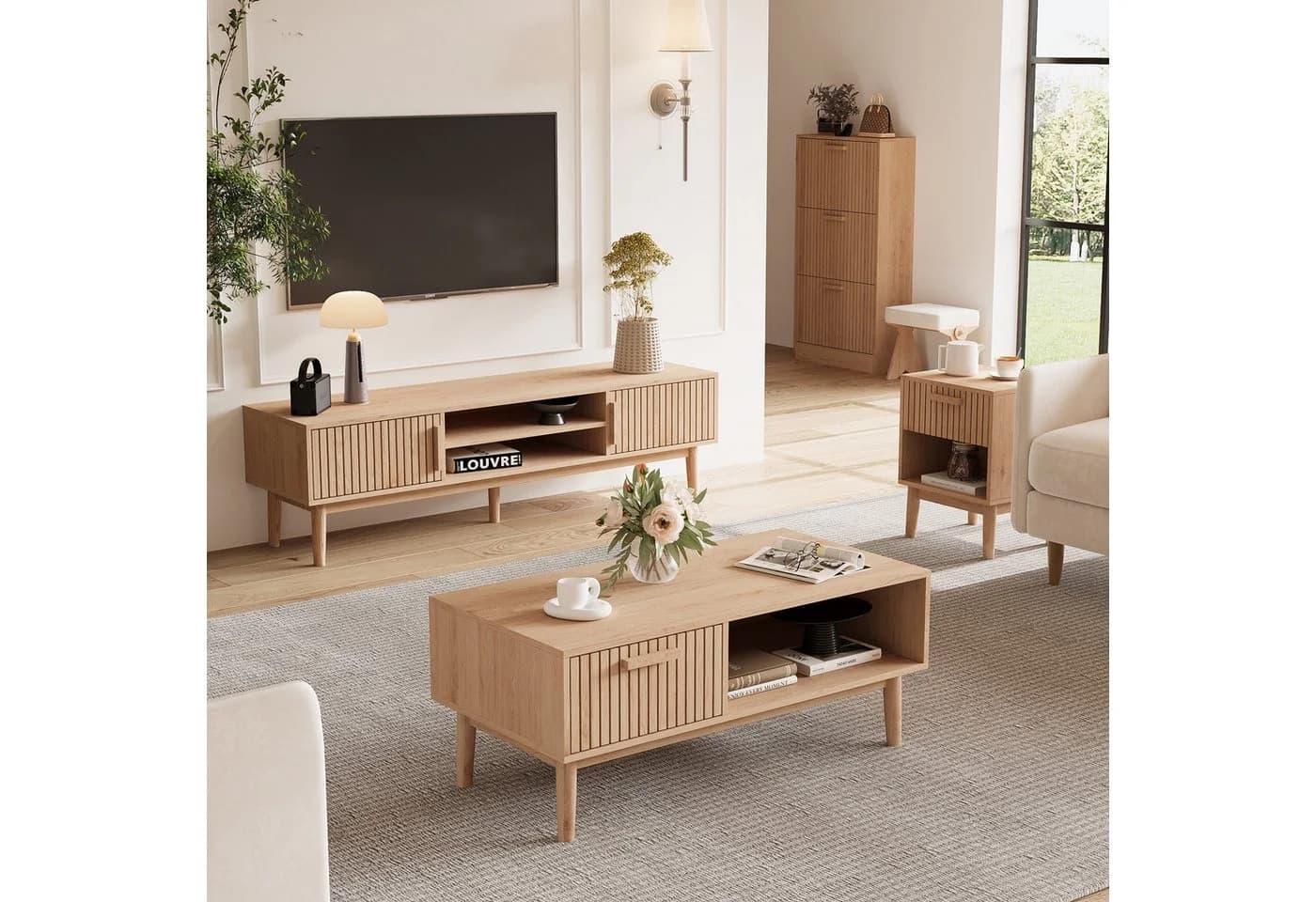 FUROKOY Couchtisch 100 cm Holzfarbenes Rattan mit 1 Schublade und 1 Fach - Bild 4