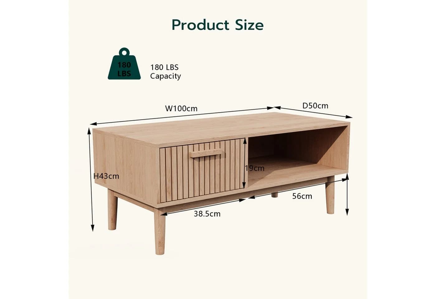 FUROKOY Couchtisch 100 cm Holzfarbenes Rattan mit 1 Schublade und 1 Fach - Bild 5