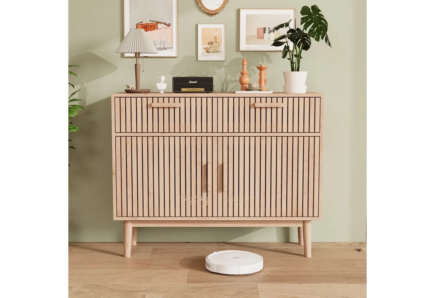 FUROKOY Sideboard mit Holzbeinen und 2 Schubladen