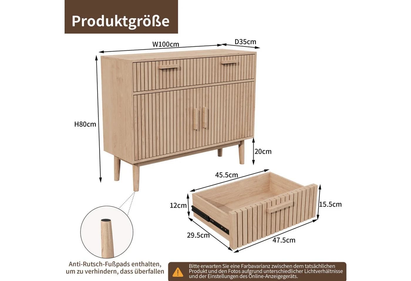 FUROKOY Sideboard mit Holzbeinen und 2 Schubladen - Bild 5