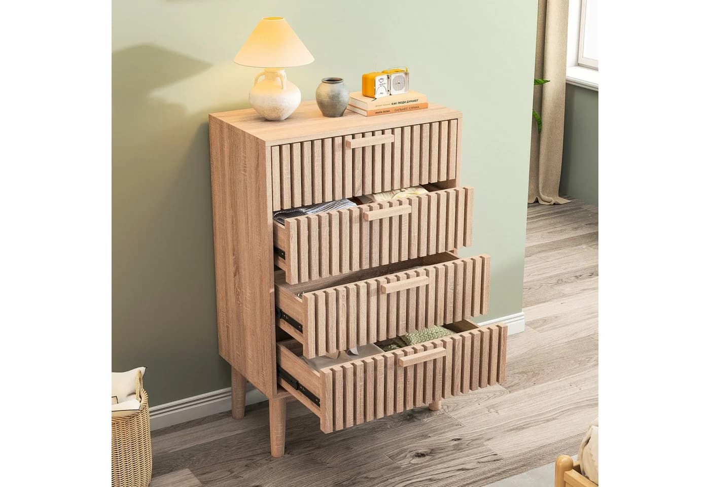 FUROKOY Sideboard Kommode Küchenschrank Holzbeine 4 Schubladen 60x34x91 cm - Bild 4
