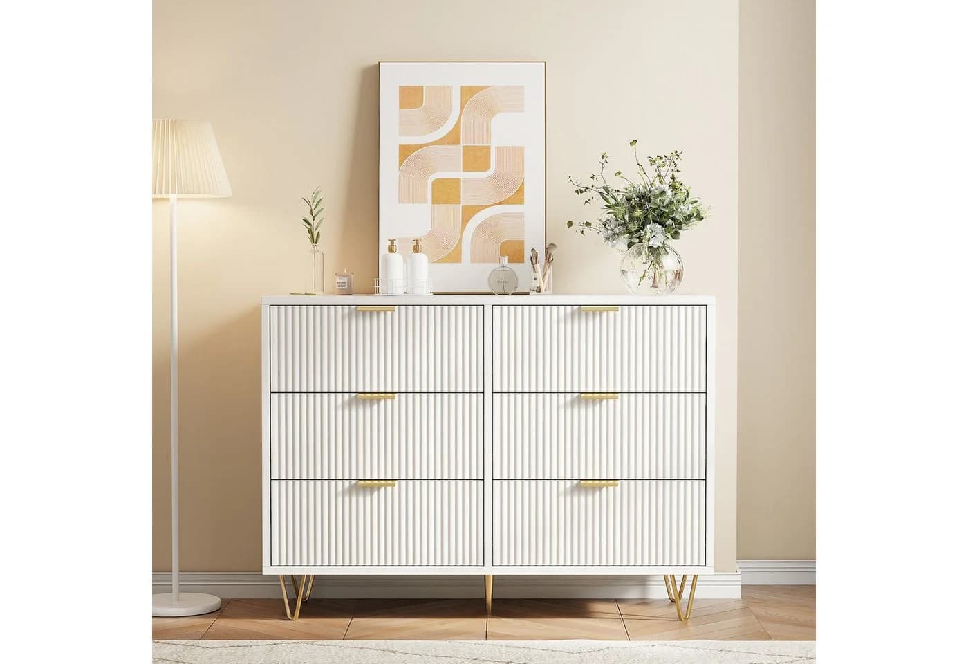 FUROKOY Kommode Weiß Sideboard Schrank Highboard mit 6 Schubladen und Metallbeinen