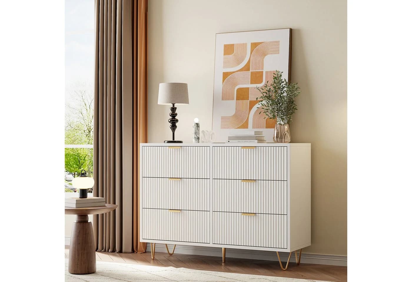 FUROKOY Kommode Weiß Sideboard Schrank Highboard mit 6 Schubladen und Metallbeinen - Bild 4