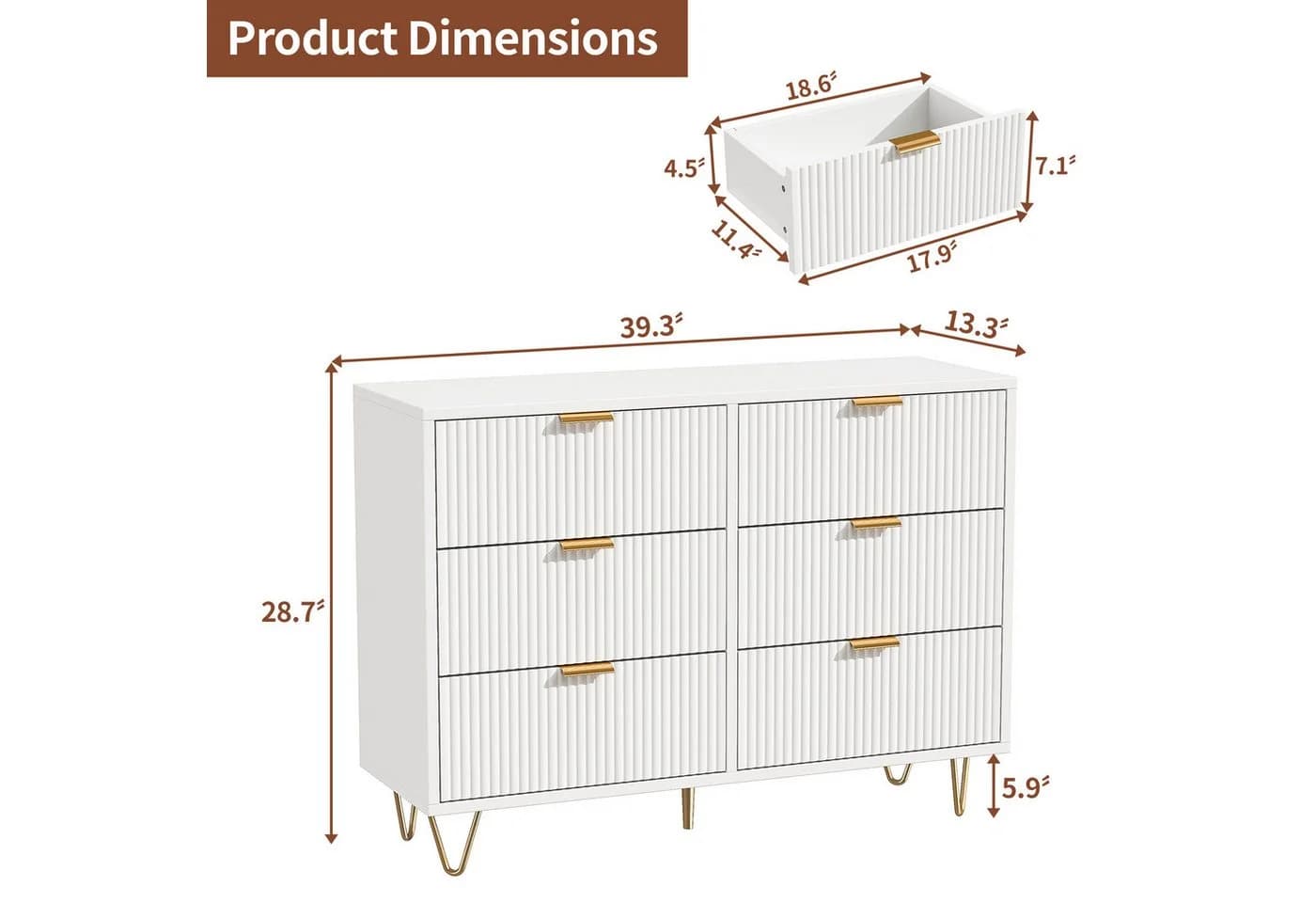 FUROKOY Kommode Weiß Sideboard Schrank Highboard mit 6 Schubladen und Metallbeinen - Bild 5