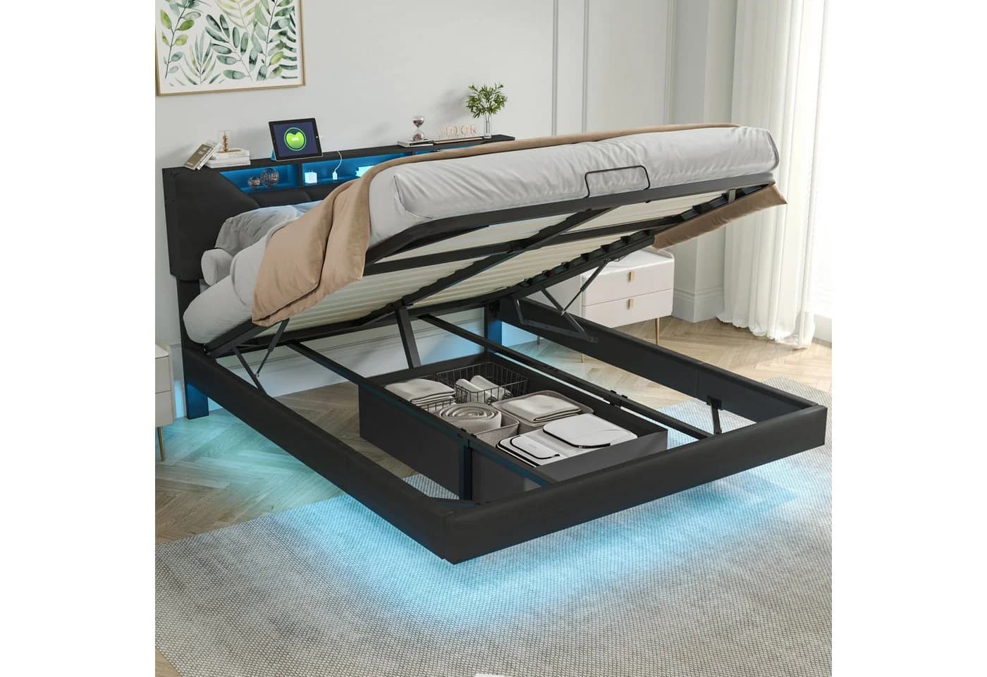 FUROKOY Polsterbett Schwarz mit Stauraum und LED-Beleuchtung - Bild 4