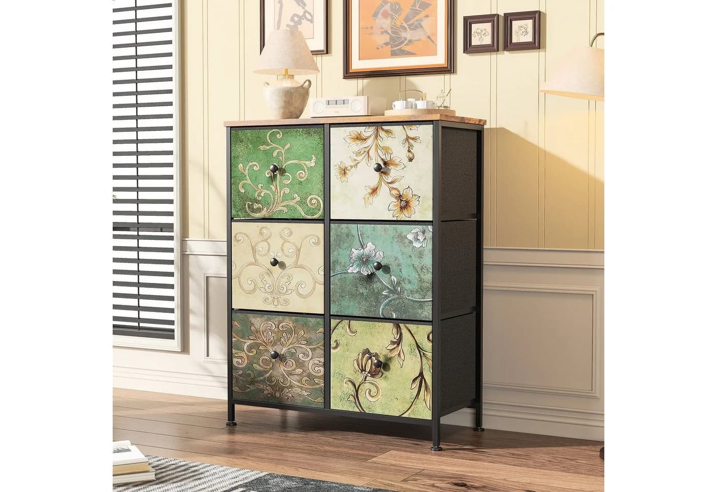 FUROKOY Kommode Vintage Stoffkommode Sideboard mit klappbaren Stoffschubladen