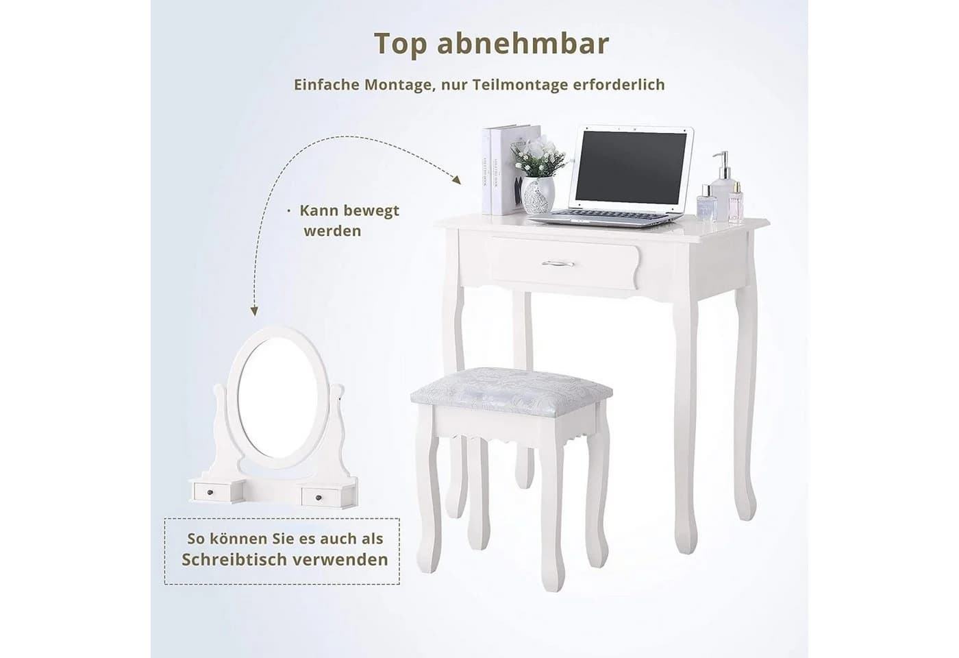 FUROKOY Schminktisch Weiß mit Spiegel, 3 Schubladen & Hocker - Bild 4