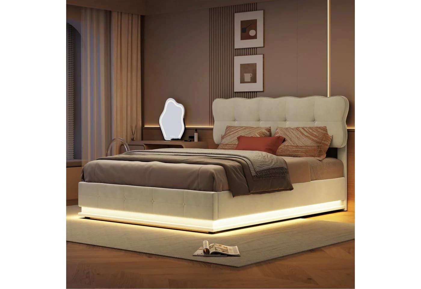 FUROKOY Stauraumbett Polsterbett Doppelbett mit LED-Beleuchtung Beige - Bild 3