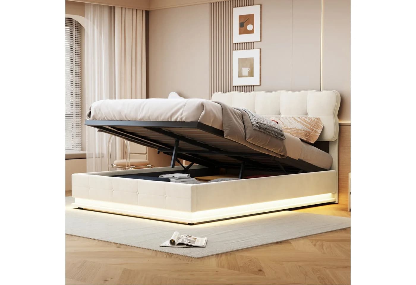 FUROKOY Stauraumbett Polsterbett Doppelbett mit LED-Beleuchtung Beige - Bild 4