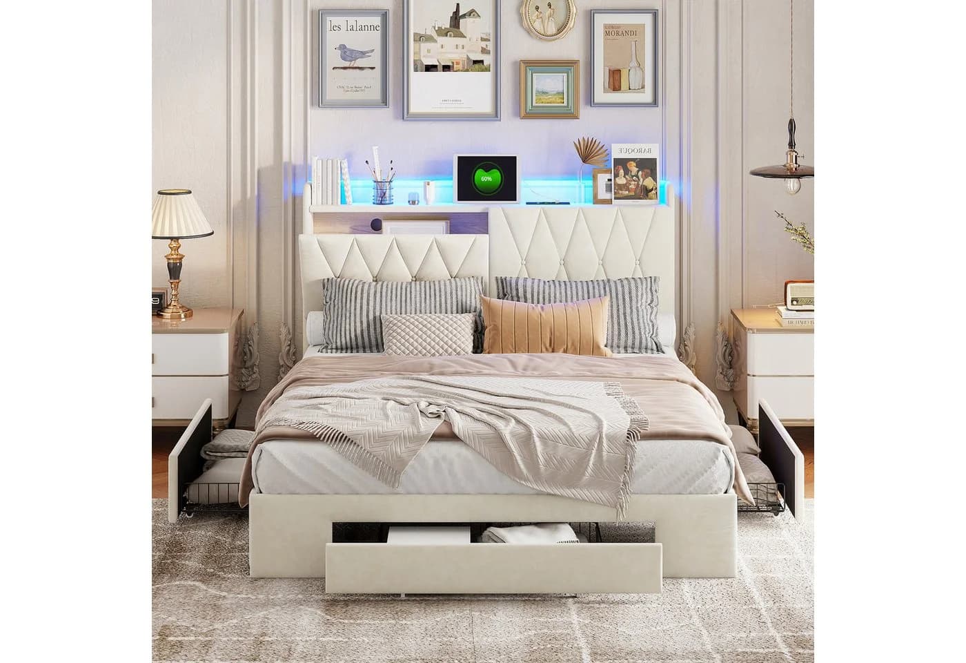 FUROKOY Stauraumbett Polsterbett mit LED-Beleuchtung und USB-Ladeanschlüssen