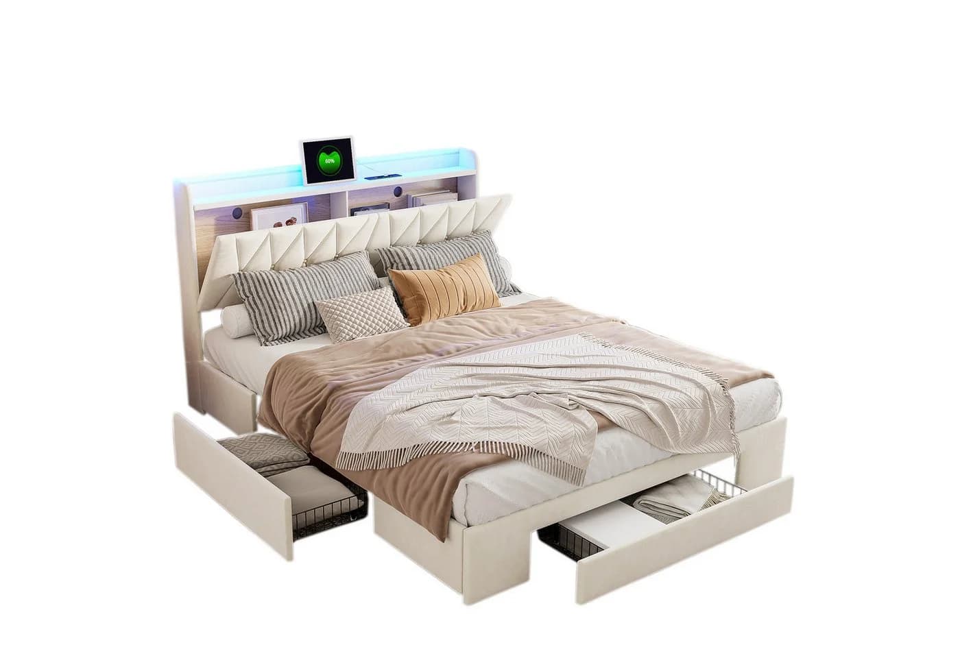 FUROKOY Stauraumbett Polsterbett mit LED-Beleuchtung und USB-Ladeanschlüssen - Bild 2