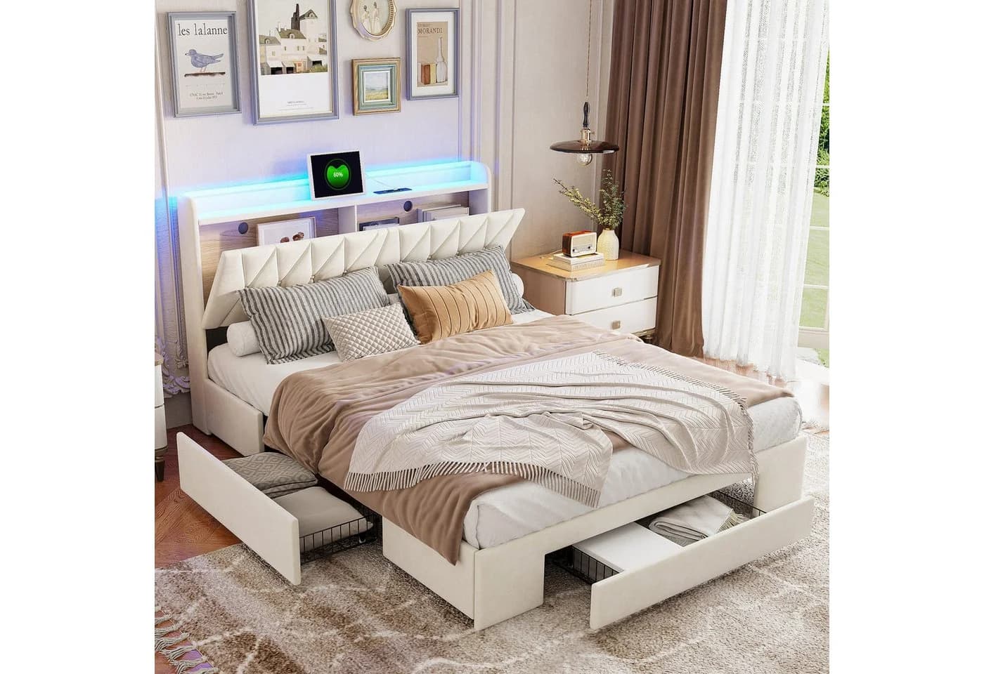 FUROKOY Stauraumbett Polsterbett mit LED-Beleuchtung und USB-Ladeanschlüssen - Bild 3