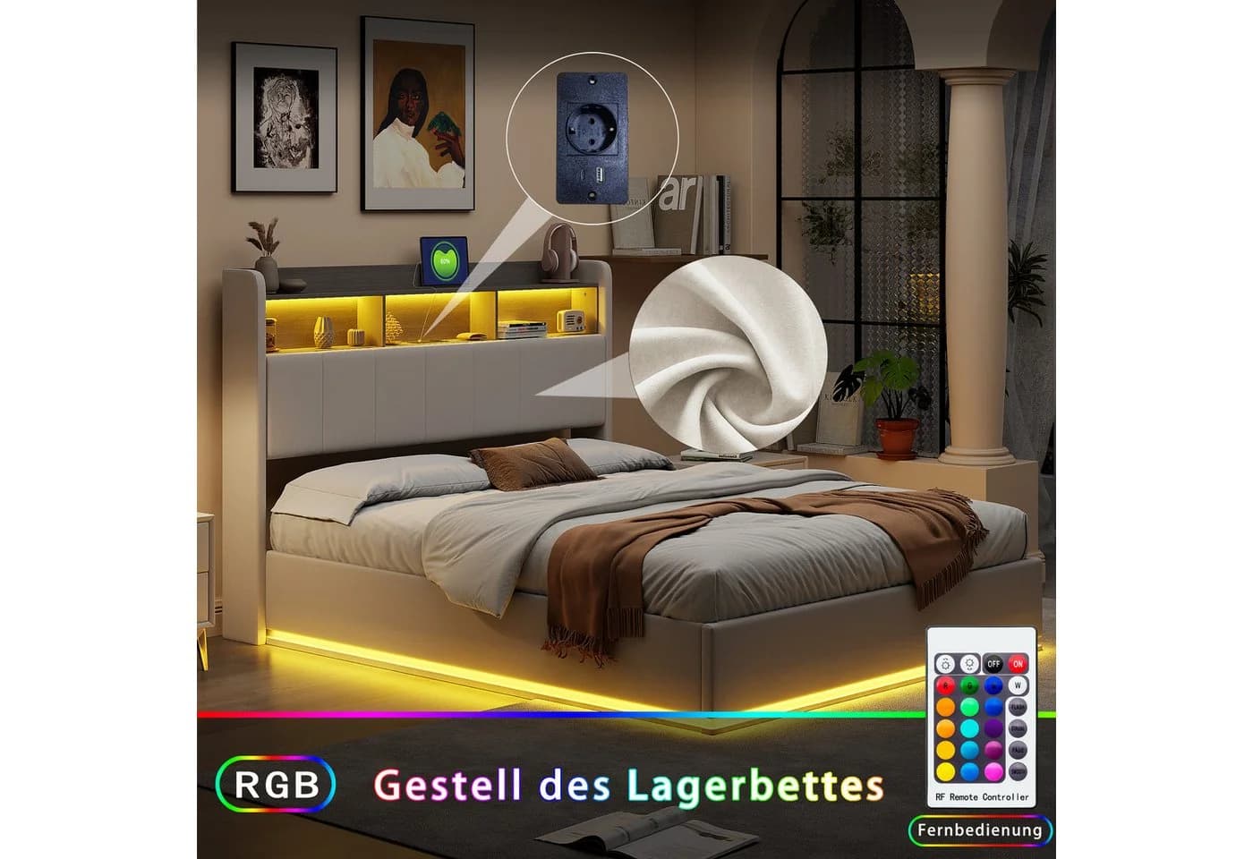 FUROKOY Stauraumbett Polsterbett Hydraulikfunktion Beige - Bild 4