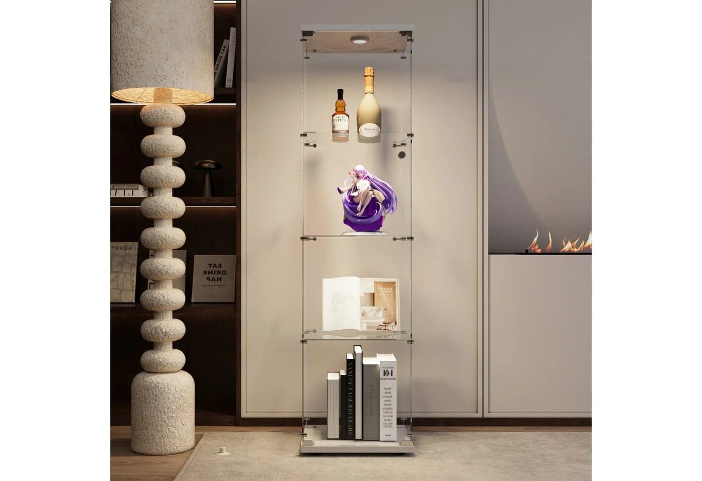 FUROKOY Glasvitrine Standvitrine Modern Glas Vitrinenschrank 4 Lagen Glasvitrine mit 1 Glastür Sammlervitrine für Sammlerstücke Bücher Wein