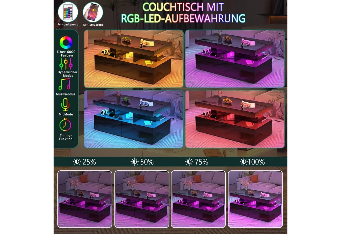 FUROKOY Couchtisch Modern Hochglanz Schwarz mit LED-Beleuchtung und Stauraum - Bild 3