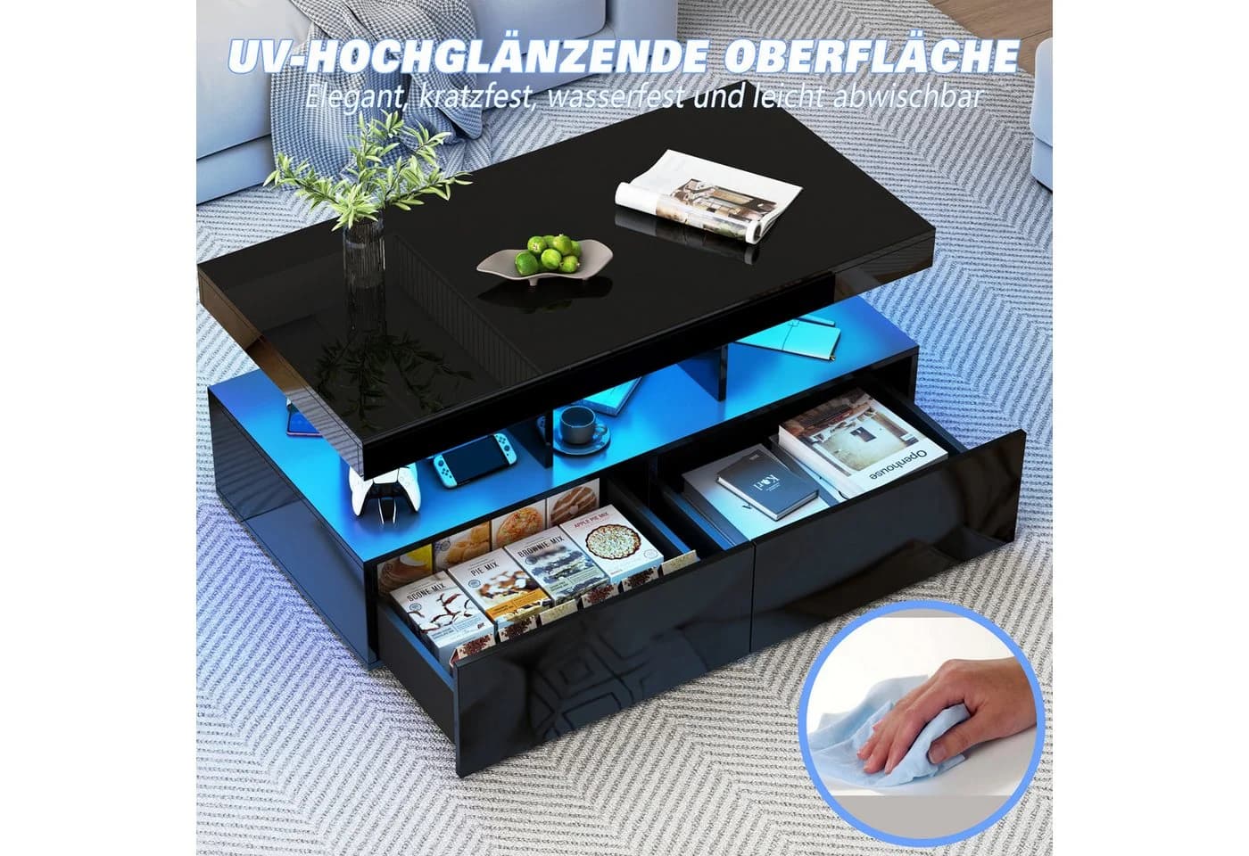 FUROKOY Couchtisch Modern Hochglanz Schwarz mit LED-Beleuchtung und Stauraum - Bild 5