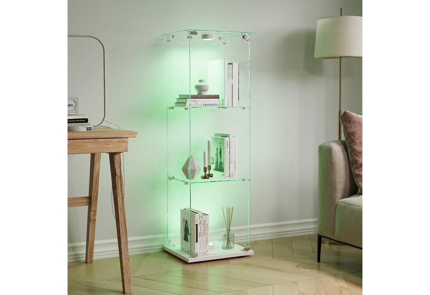 FUROKOY Glasvitrine Standvitrine Weiß 3 Ebenen mit Beleuchtung