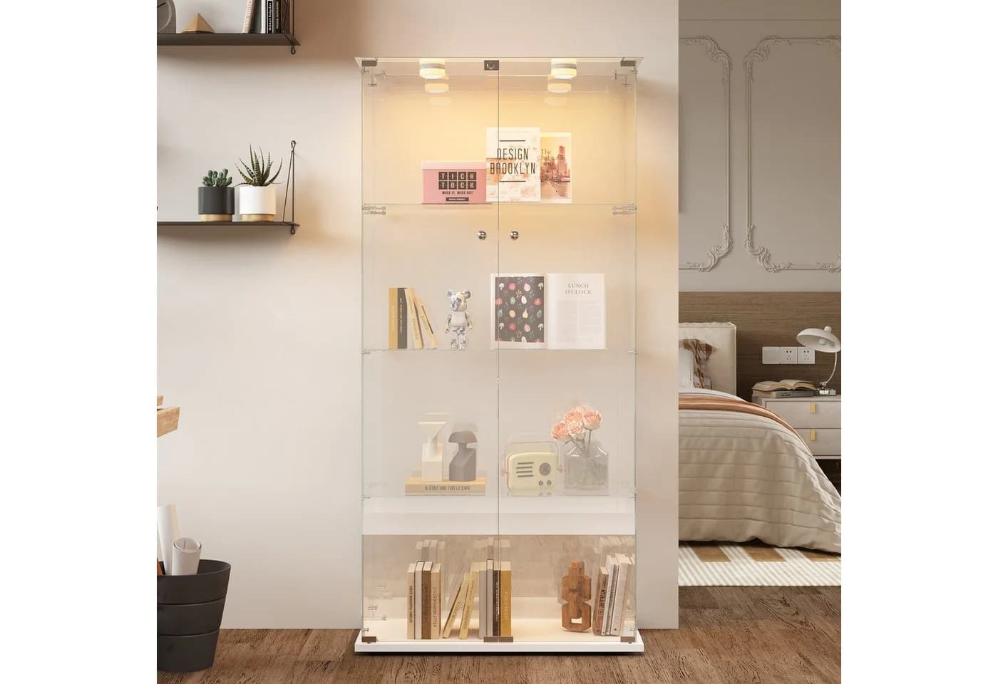 FUROKOY Glasvitrine 4 Ebenen Weiß Beleuchtung