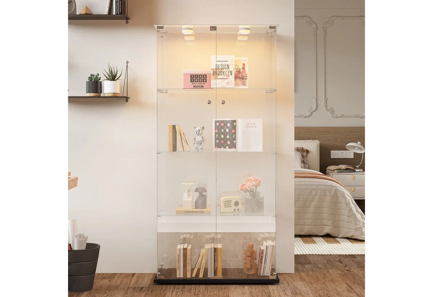FUROKOY Glasvitrine 4 Ebenen 2 Glastüren Beleuchtung Schwarz