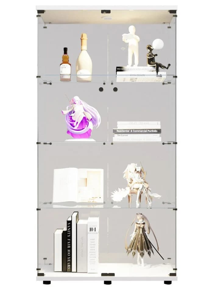 FUROKOY Glasvitrine Standvitrine Modern Glas Vitrinenschrank 4 Lagen Glasvitrine mit 2 Glastür Sammlervitrine für Sammlerstücke Bücher Wein mit Licht weiß - Bild 2