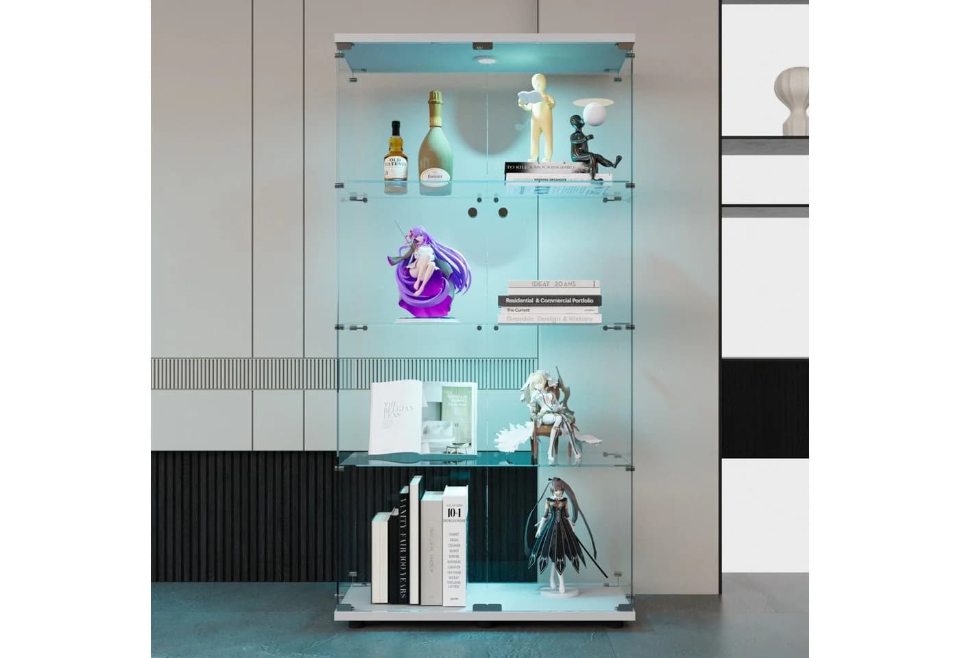 FUROKOY Glasvitrine Standvitrine Modern Glas Vitrinenschrank 4 Lagen Glasvitrine mit 2 Glastür Sammlervitrine für Sammlerstücke Bücher Wein mit Licht weiß - Bild 3
