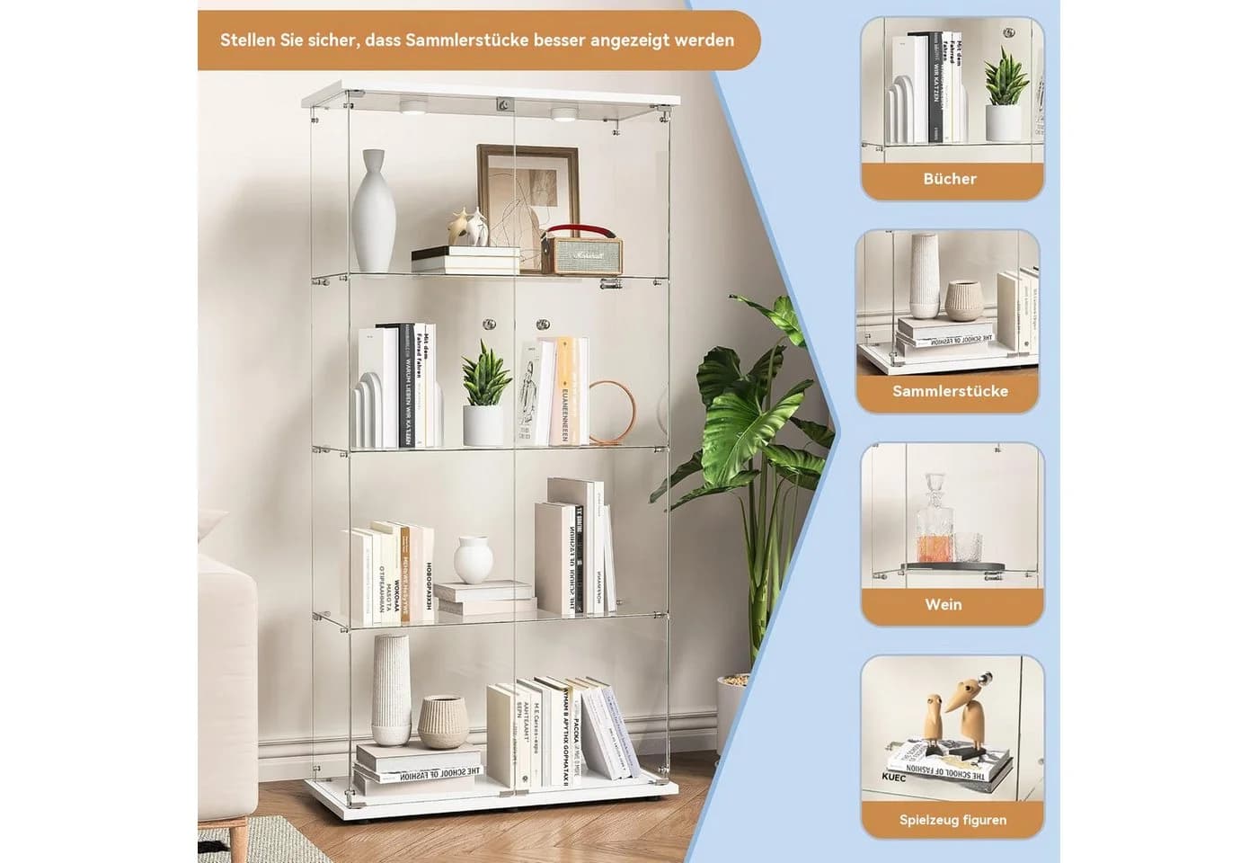 FUROKOY Glasvitrine Standvitrine Modern Glas Vitrinenschrank 4 Lagen Glasvitrine mit 2 Glastür Sammlervitrine für Sammlerstücke Bücher Wein mit Licht weiß - Bild 5
