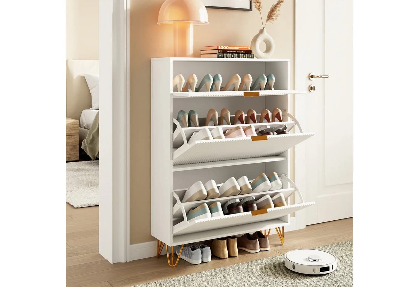 FUROKOY Schuhschrank Weiß Schuhregal mit 2 Klappen und Kippsicherung - Bild 4