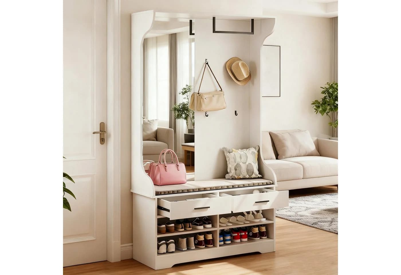 FUROKOY Dielengarderobe Wandgarderobe mit Spiegel, 2 Schubladen, Kleiderstange, 104 x 35 x 180 cm, Weiß - Bild 2
