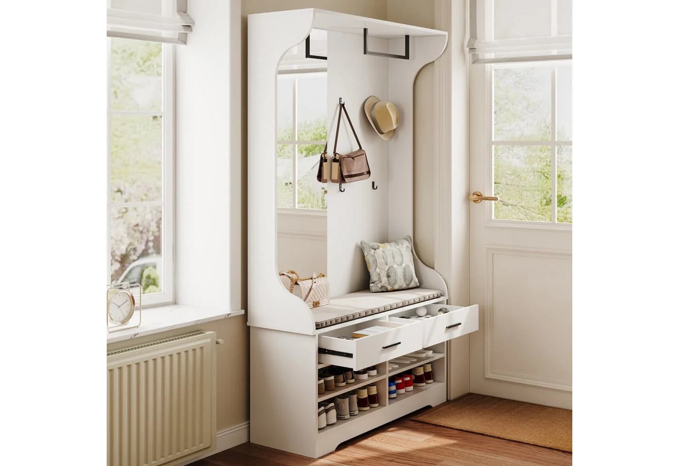 FUROKOY Dielengarderobe Wandgarderobe mit Spiegel, 2 Schubladen, Kleiderstange, 104 x 35 x 180 cm, Weiß - Bild 3