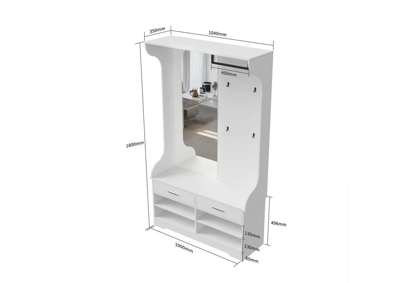 FUROKOY Dielengarderobe Wandgarderobe mit Spiegel, 2 Schubladen, Kleiderstange, 104 x 35 x 180 cm, Weiß - Bild 5