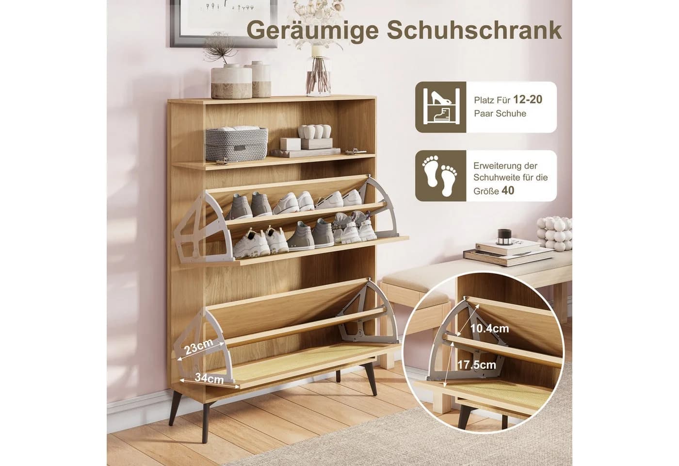 FUROKOY Schuhschrank Schmal Schuhregal aus Rattan für 20 Paar Schuhe mit 2 Klapptüren und 1 Schublade - Bild 5