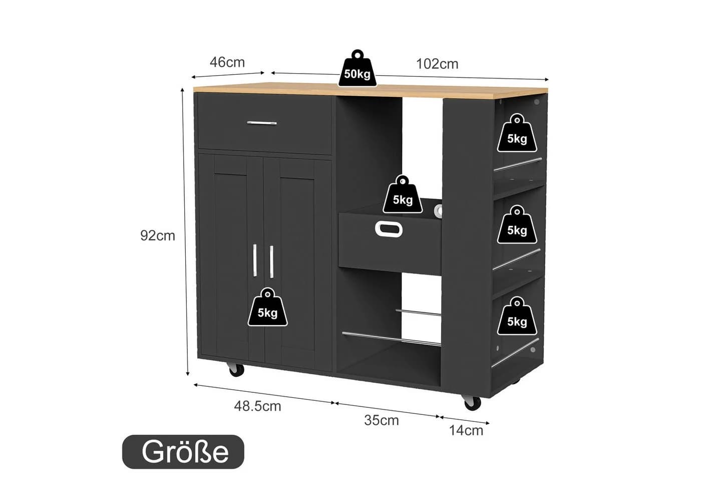 FUROKOY Kücheninsel Küchenwagen auf Rollen, Holz, 102 x 46 x 92 cm, Schwarz - Bild 4