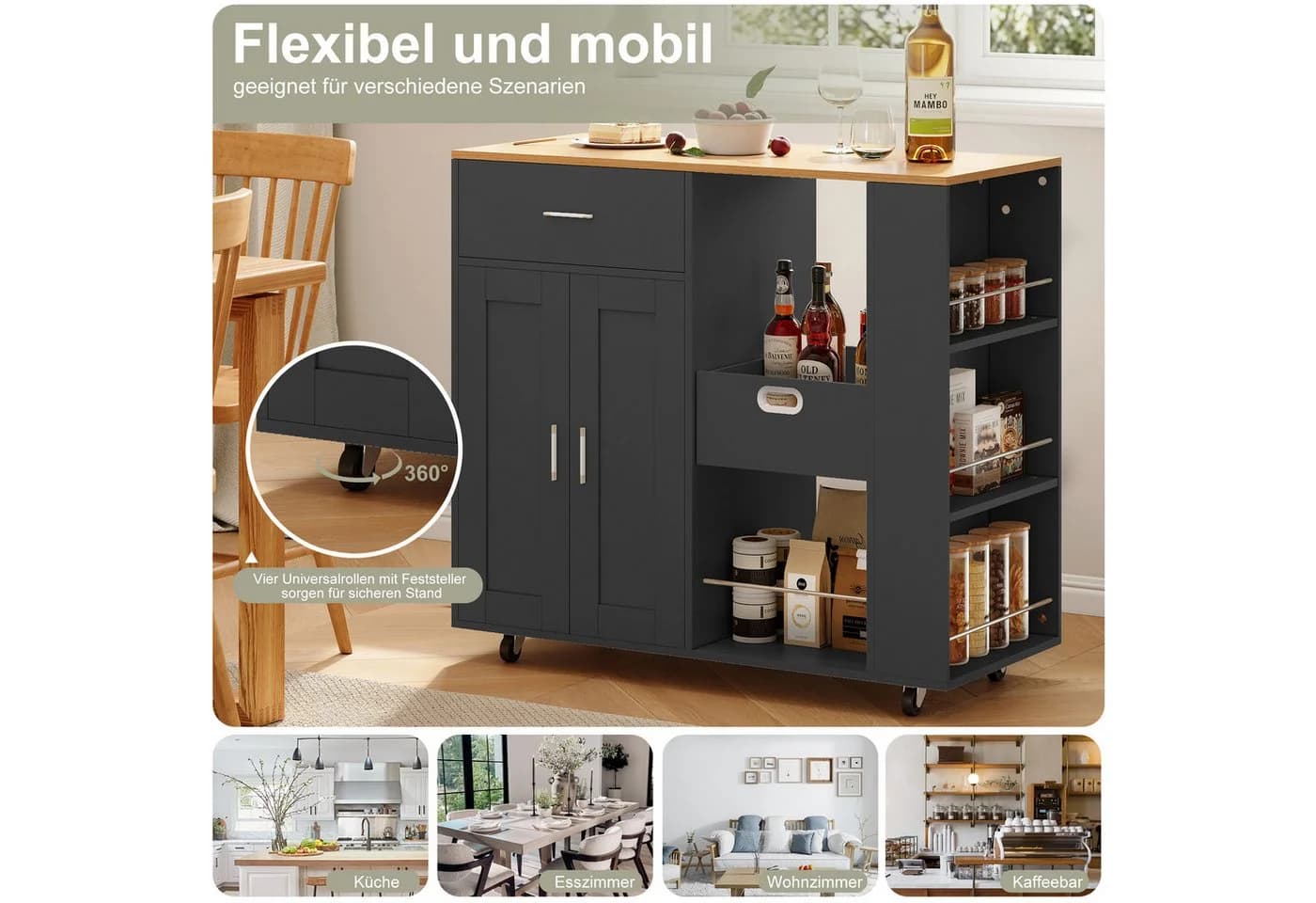 FUROKOY Kücheninsel Küchenwagen auf Rollen, Holz, 102 x 46 x 92 cm, Schwarz - Bild 5