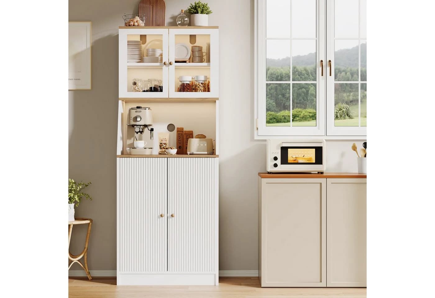 FUROKOY Küchenbuffet Hochschrank 4 Türen Weiß Holzspanplatte - Bild 4
