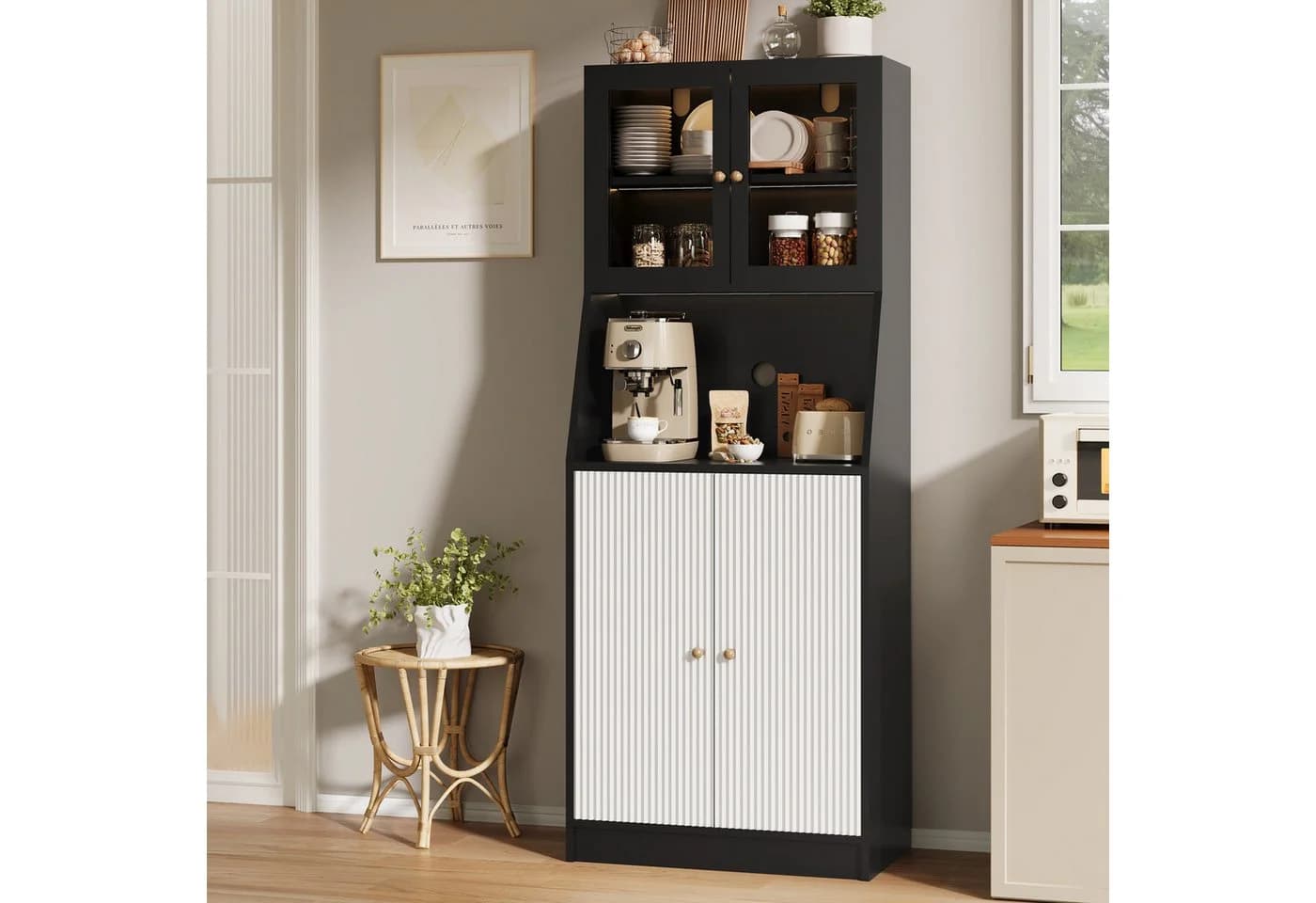 FUROKOY Küchenbuffet Hochschrank 4 Türen Mehrzweckschrank Schwarz
