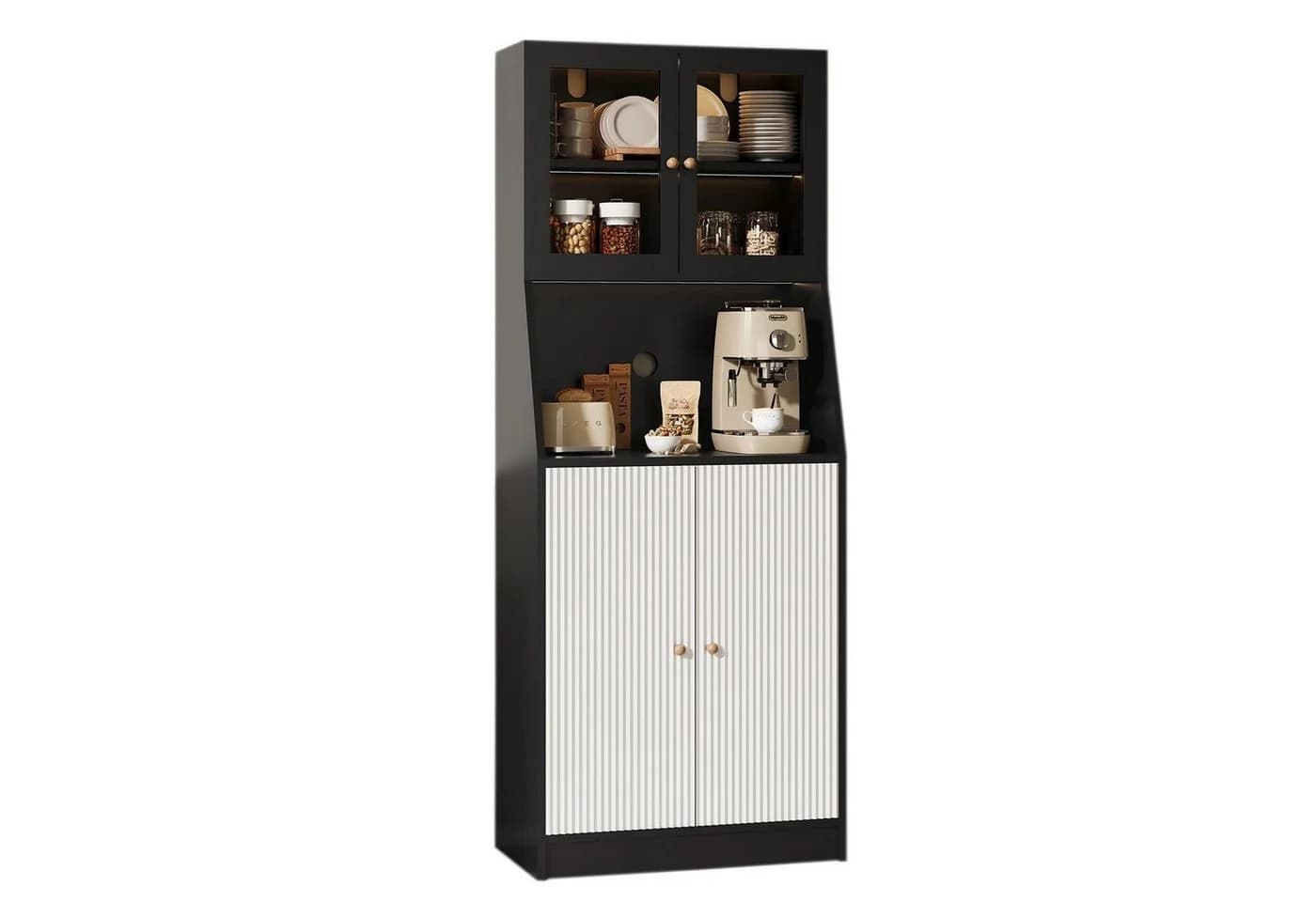 FUROKOY Küchenbuffet Hochschrank 4 Türen Mehrzweckschrank Schwarz - Bild 2