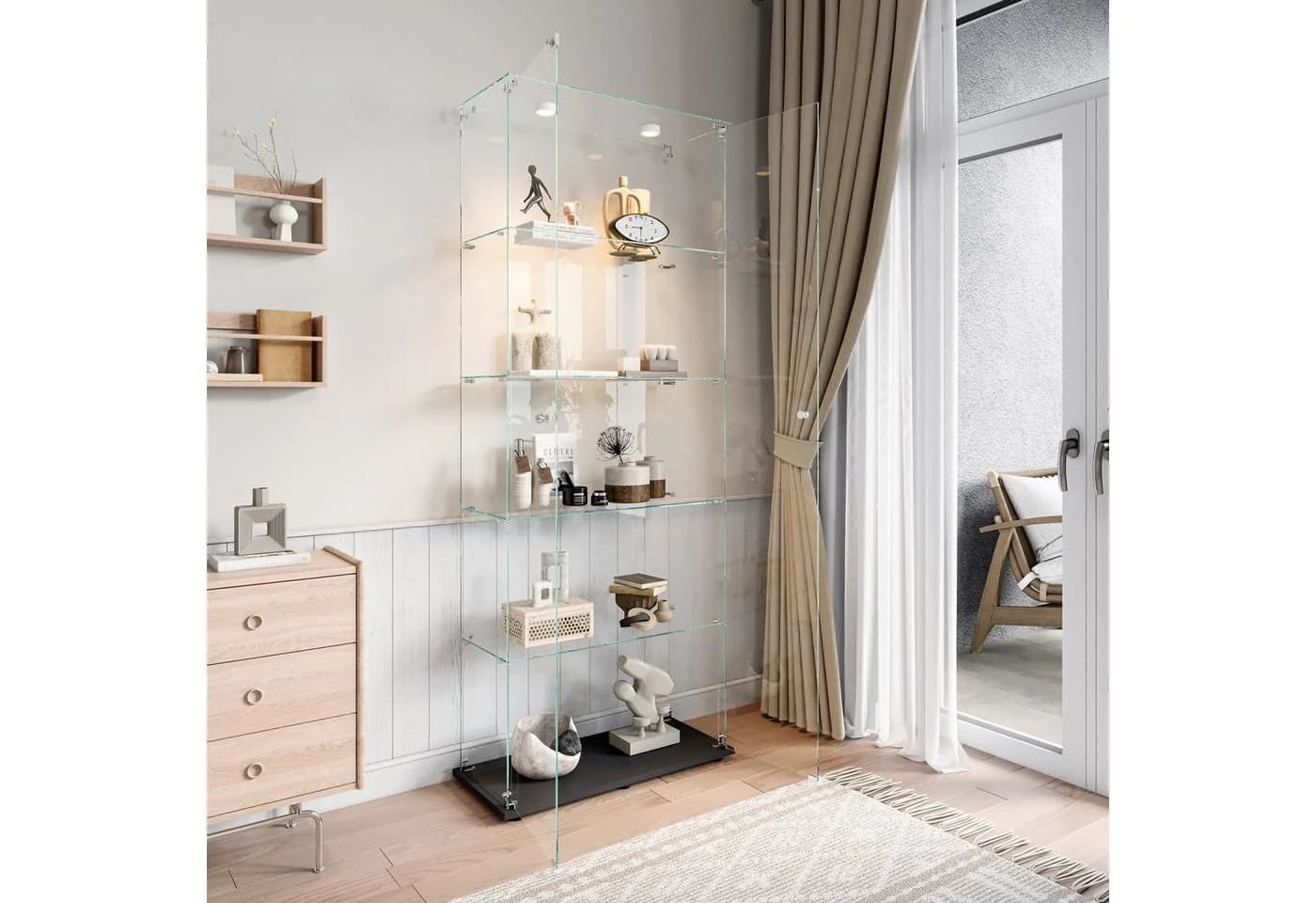 FUROKOY Glasvitrine Standvitrine Schwarz 5 Ebenen mit Beleuchtung